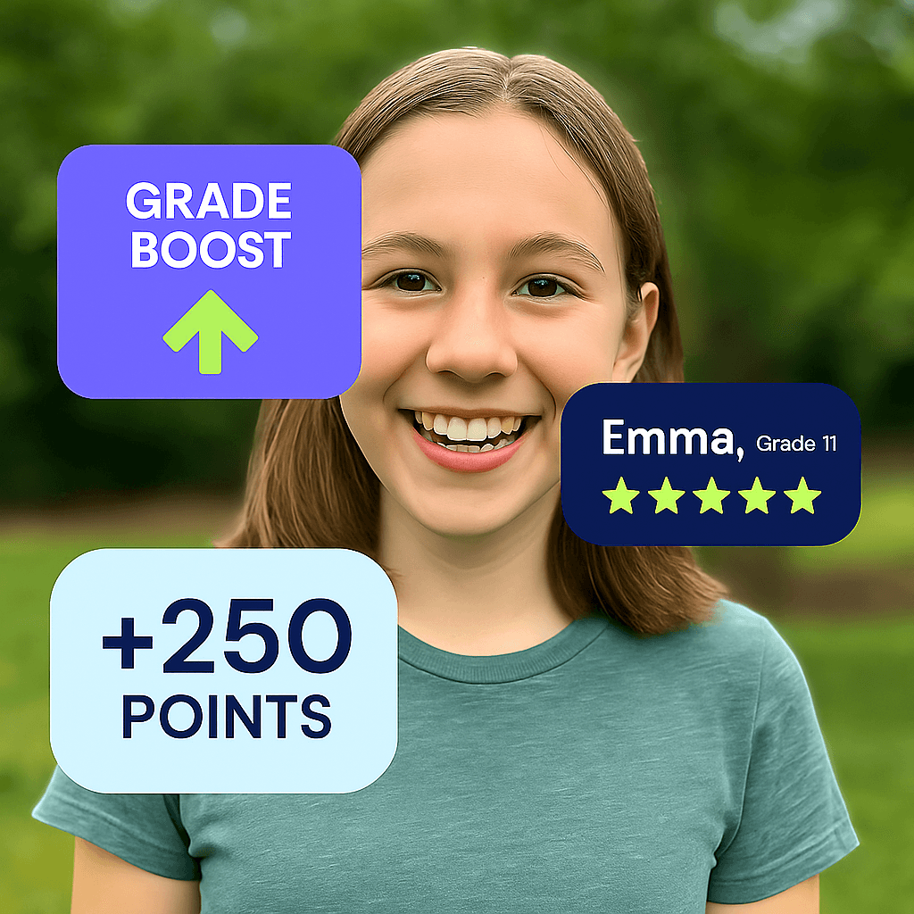 Happy student Emma showing grade improvement with PerfectScore achievements